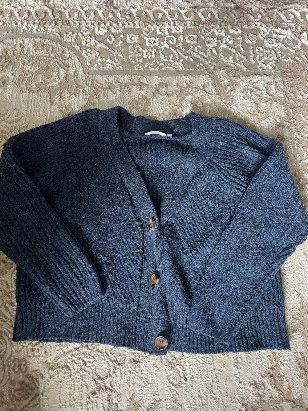 Relaxed V-Neck Button-Front Cardigan Sweater - Dark Gray